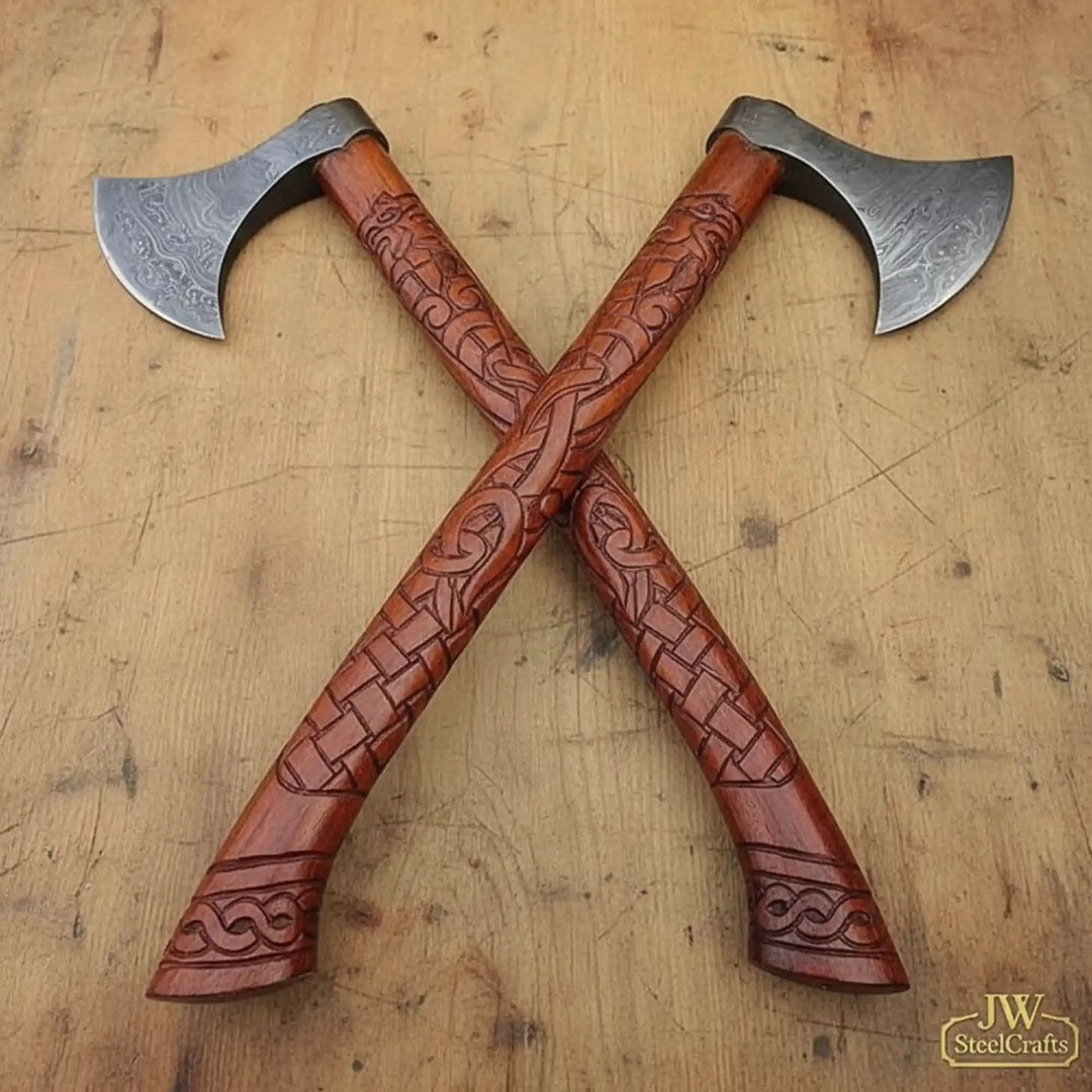 Handmade Norse Viking Axe Pair with Damascus Steel Heads &amp; Hand Engraved Wooden Handles