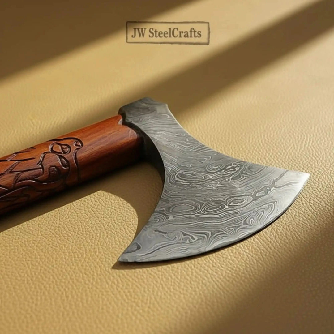 Handmade Norse Viking Axe Pair with Damascus Steel Heads &amp; Hand Engraved Wooden Handles