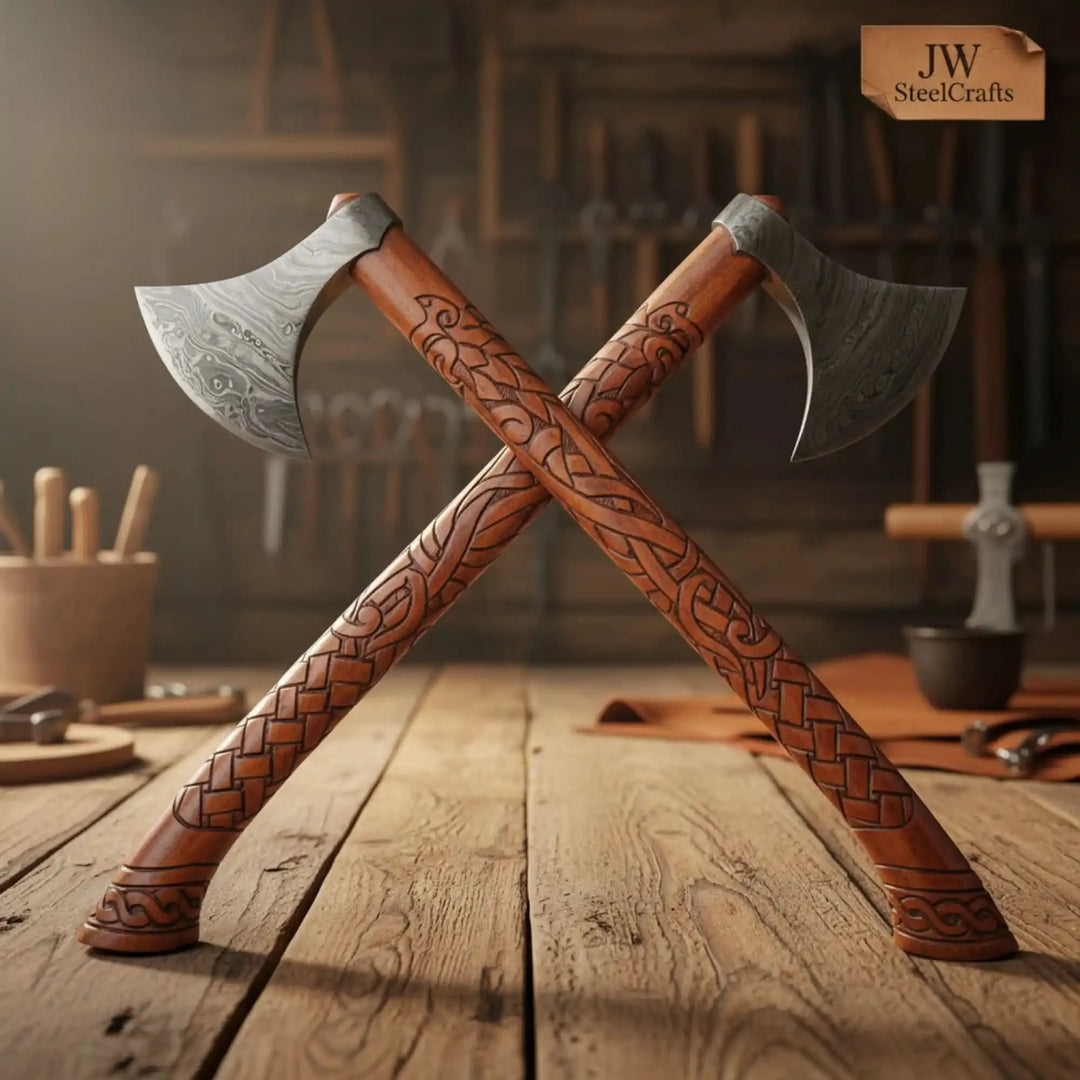 Handmade Norse Viking Axe Pair with Damascus Steel Heads &amp; Hand Engraved Wooden Handles