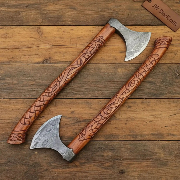 Handmade Norse Viking Axe Pair with Damascus Steel Heads &amp; Hand Engraved Wooden Handles