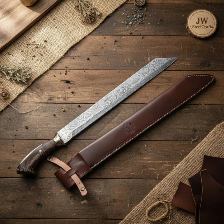 Long Seax Knife Straight Back Blade-Damascus steel | Medieval Style Knife