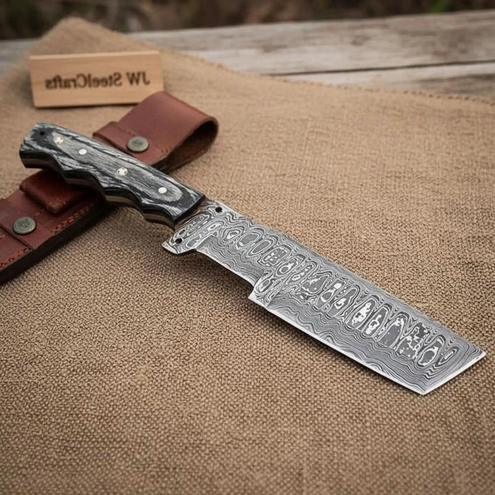 Handmade Damascus Steel Tracker Knife with Leather Sheath &amp; Wooden Handle