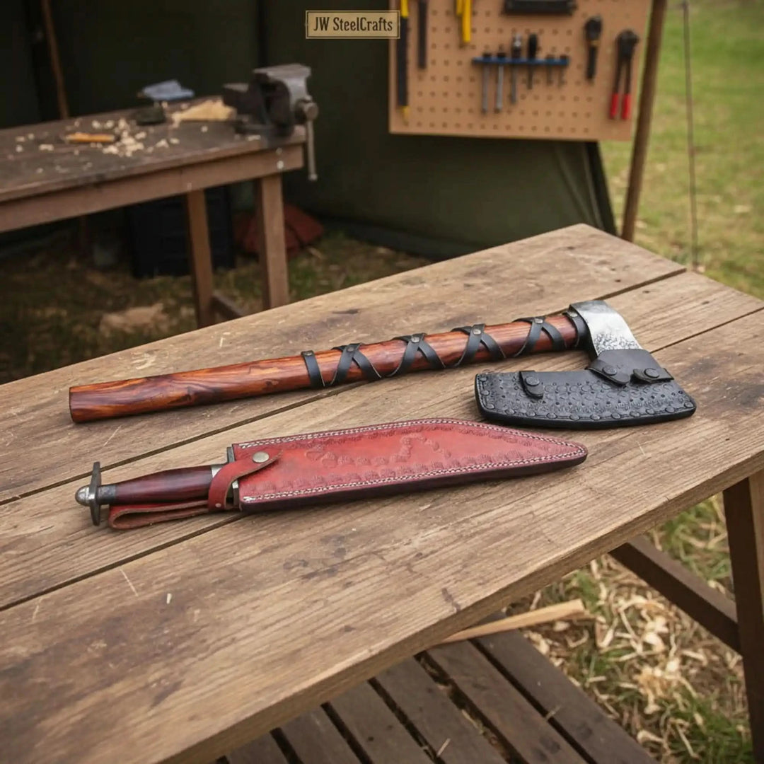 Viking Bearded Axe and Seax Knife Set | Bushcraft Wood Cutting
