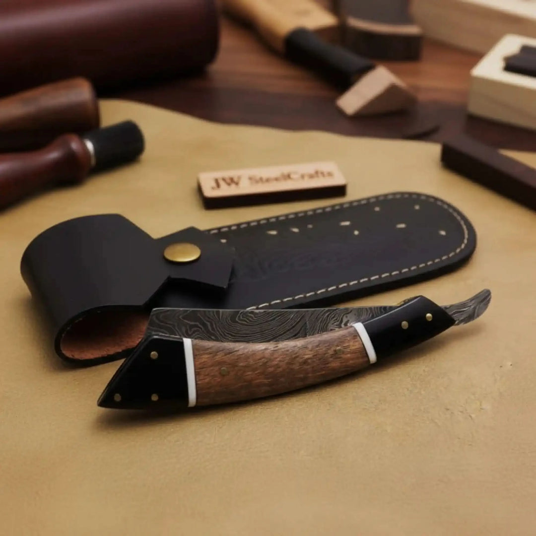 Handmade Damascus Folding Straight Razor with Rose Wood &amp; Black Resin Handle