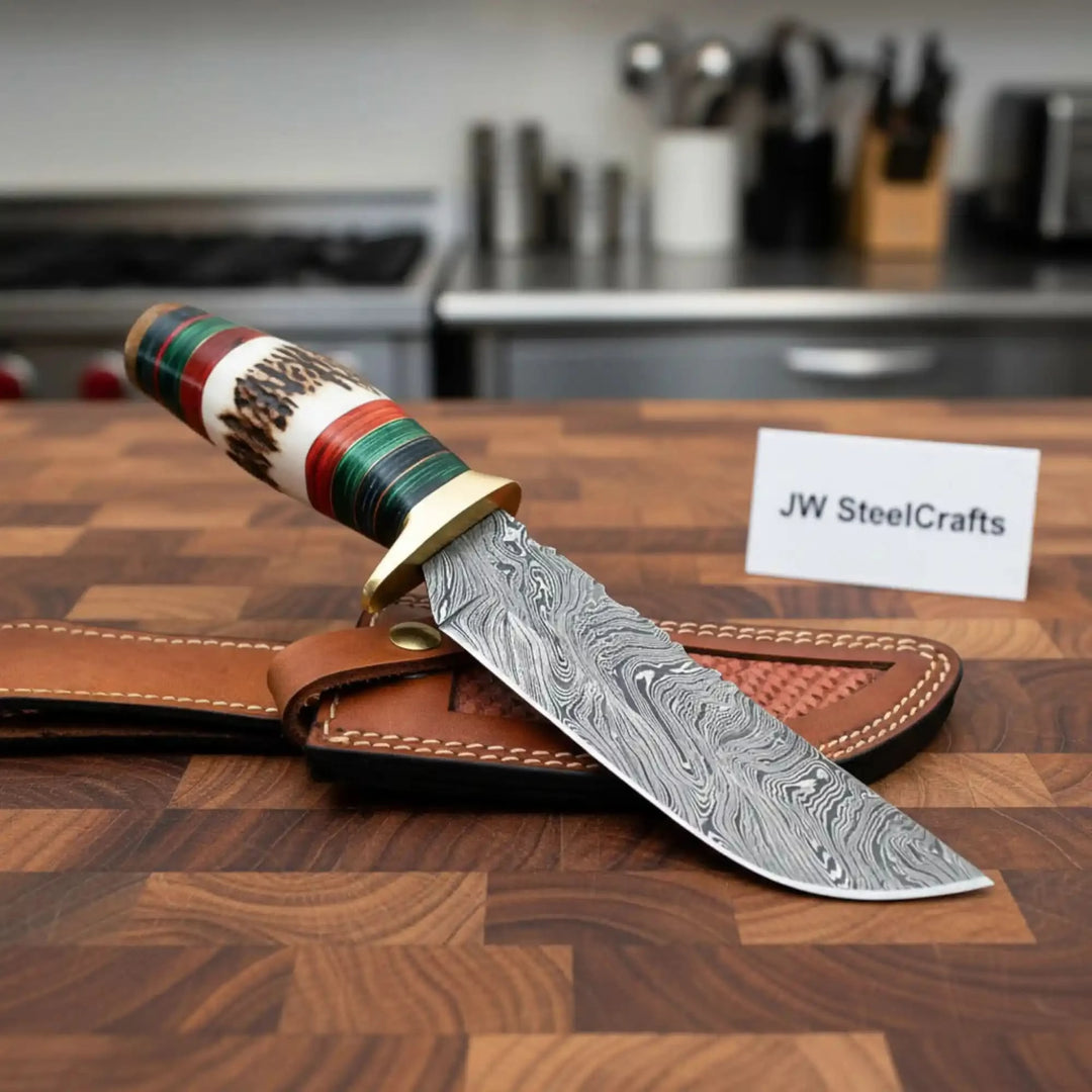 Handmade Damascus Straight Back Hunting Knife with Stag Handle Multi-Colored Pakka Wood Spacers