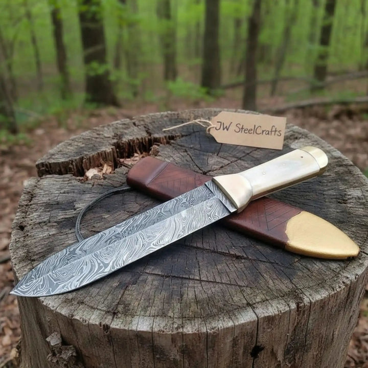 Handmade Persian Style Damascus Dagger with Camel Bone Handle &amp; Wooden Scabbard
