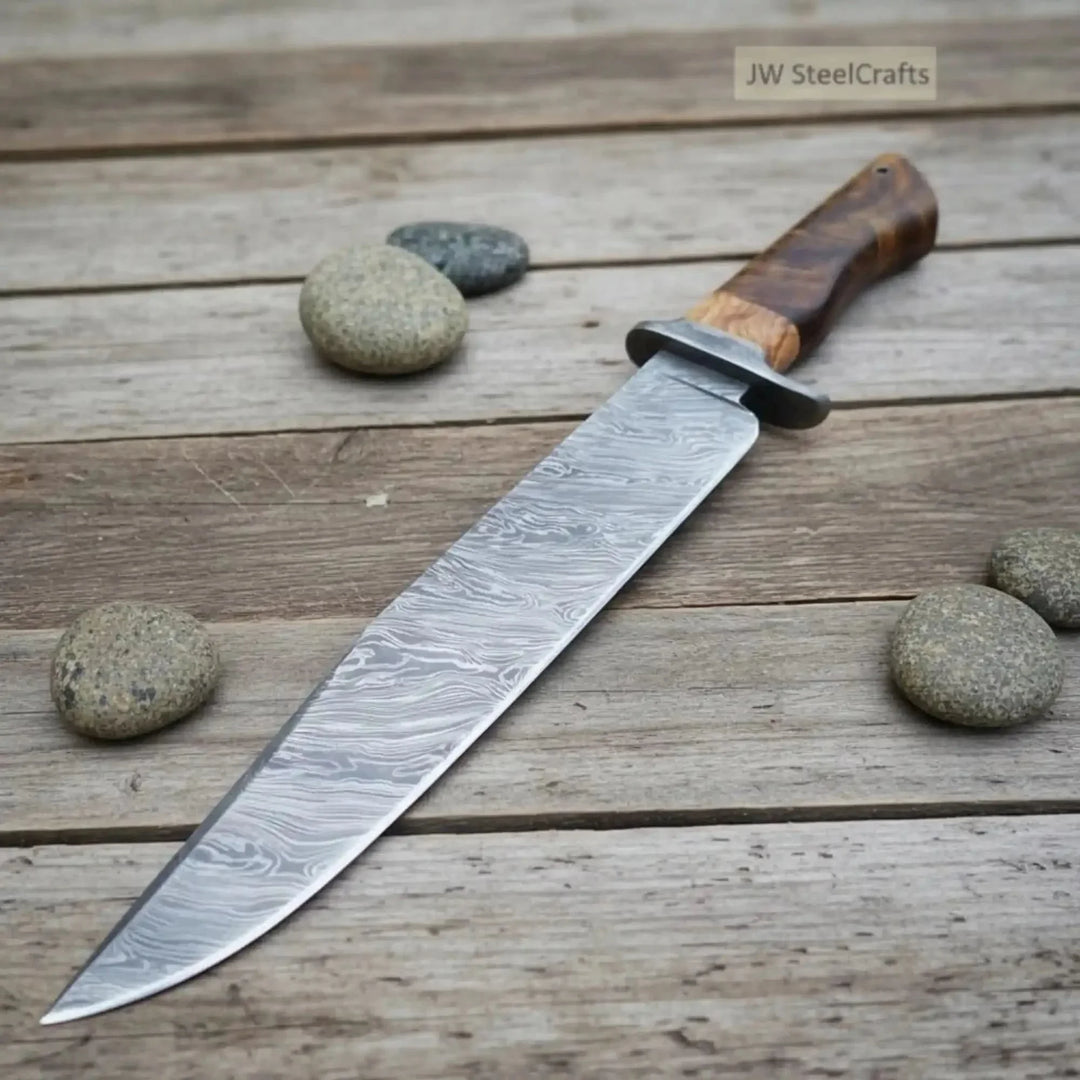Handmade Damascus Steel Fighter Knife - Combat Blade with Wooden Handle &amp; Leather Sheath