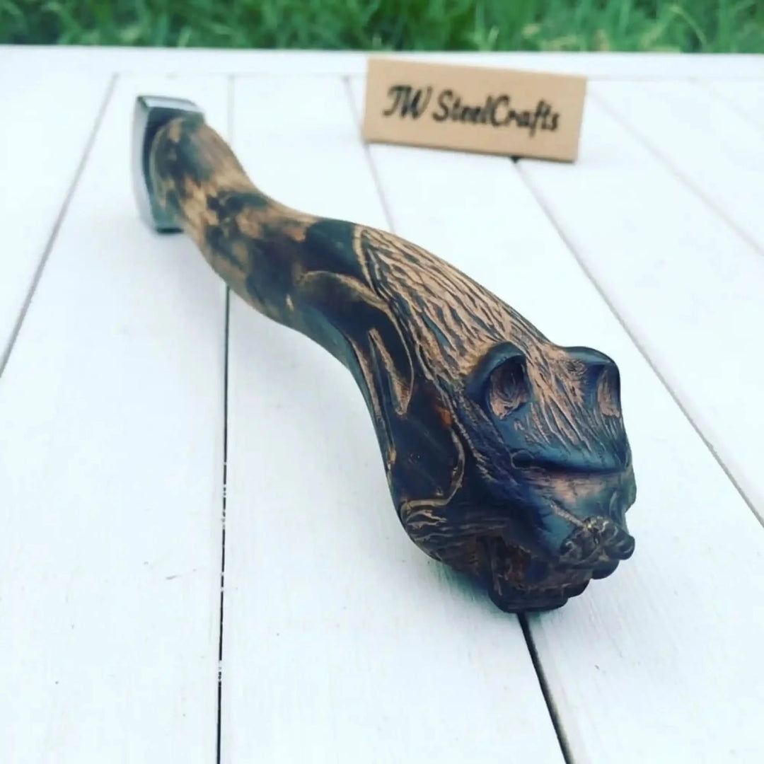 Handcrafted Viking Bearded Axe Engraved Blade Wolf Carved Wooden Handle Functional Sharp Edge