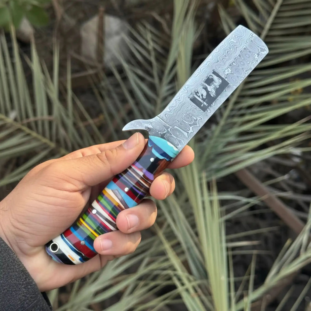 Damascus Bull Cutter Knife — Multi-Color Rainbow Resin Handle, Christian Cross Blade Engraving, Steel Bolster &amp; Lanyard Hole