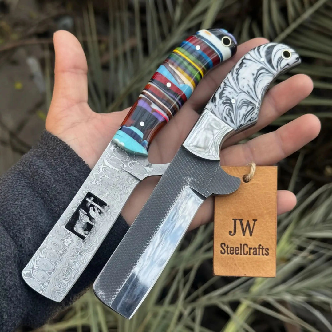2-Piece Fixed Blade Knives — Rasp Steel Cleaver Rainbow Resin Handle &amp; Damascus Sheepsfoot Marble Resin Handle