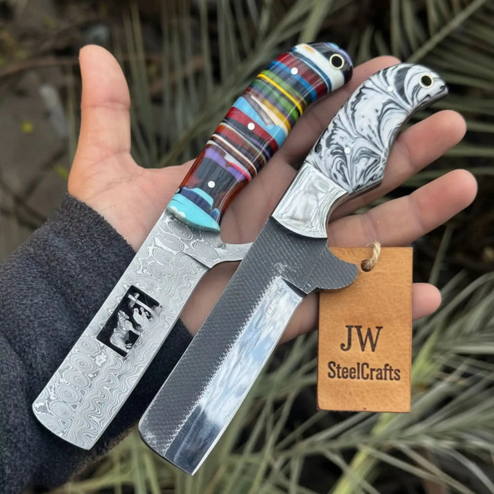 2-Piece Fixed Blade Knives — Rasp Steel Cleaver Rainbow Resin Handle &amp; Damascus Sheepsfoot Marble Resin Handle