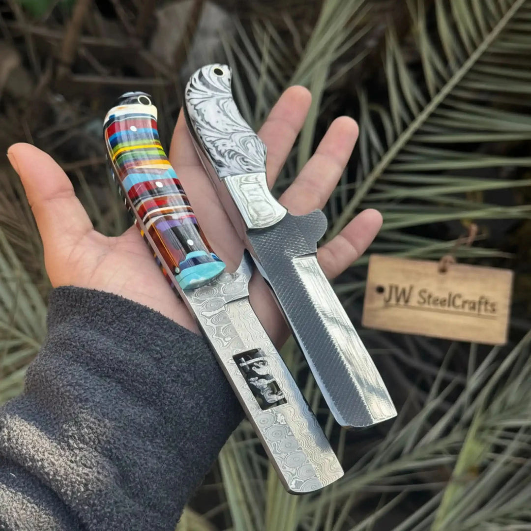 2-Piece Fixed Blade Knives — Rasp Steel Cleaver Rainbow Resin Handle &amp; Damascus Sheepsfoot Marble Resin Handle