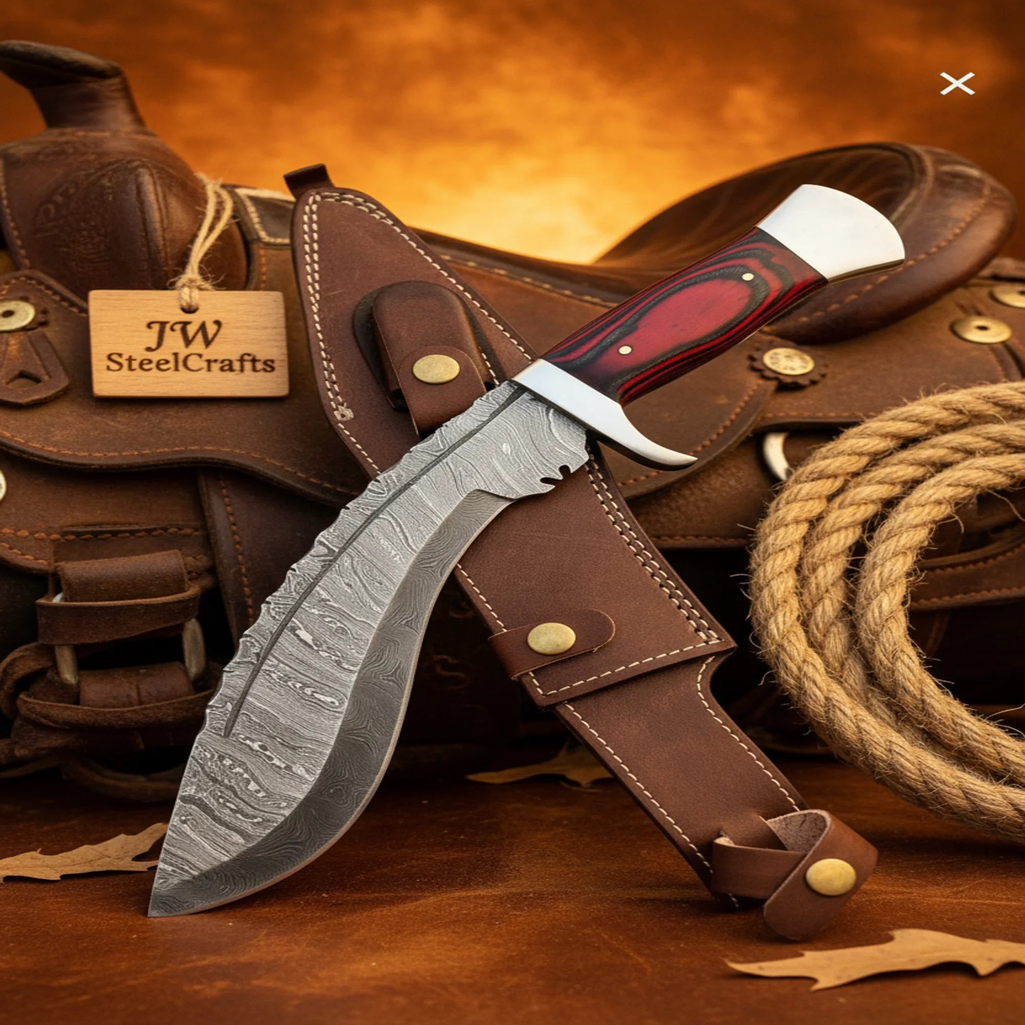 Fire Pattern Damascus Kukri Knife with Red Pakka Wood Handle | JW ...