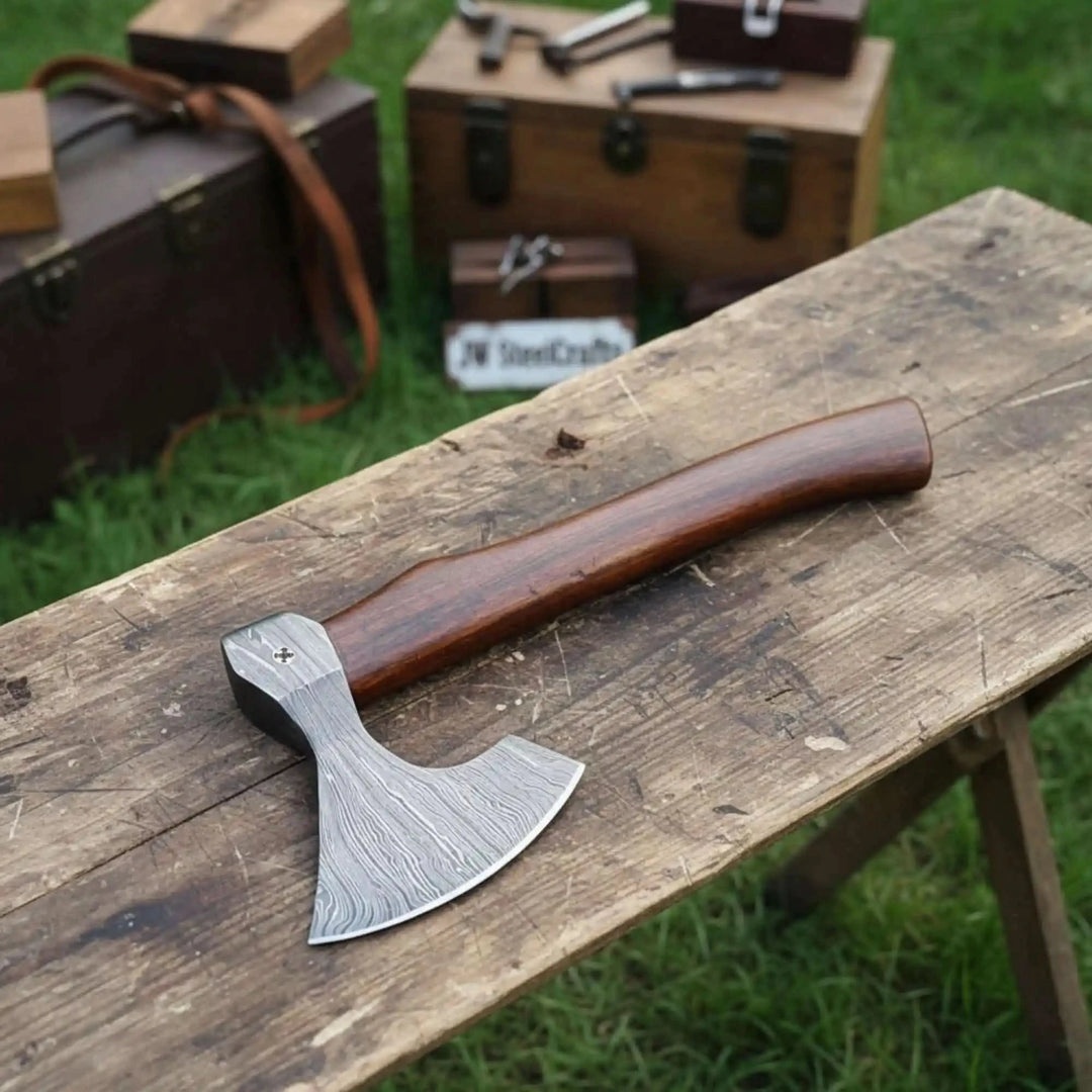    WildForge Damascus camping hatchet resting on weathered wood in a misty forest.