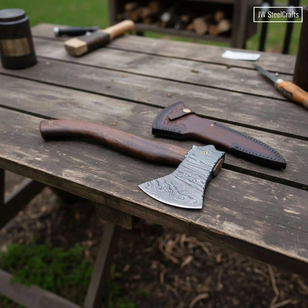 Hand Forged Damascus Bearded Camp Axe | Curved Hardwood Handle | JW SteelCrafts handmade Handmade Axe by JW SteelCrafts