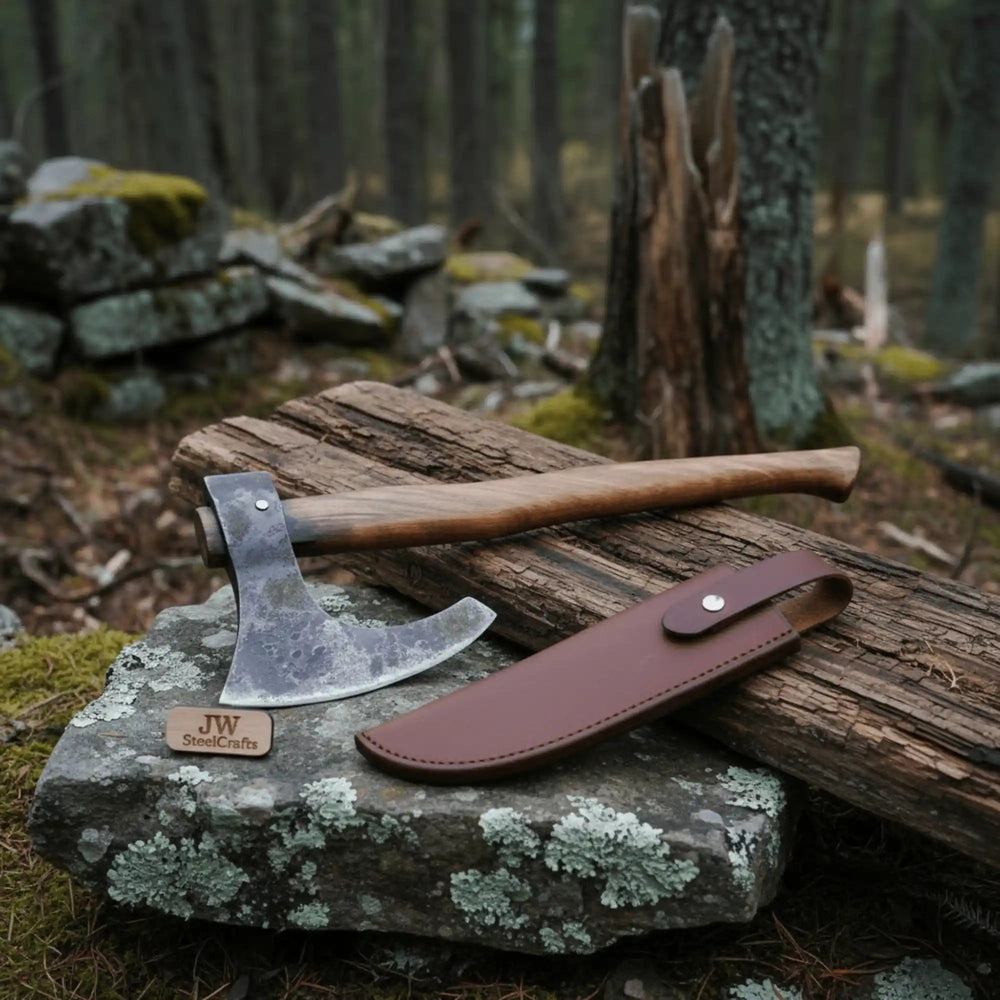     Mistforge artisan survival hatchet showcasing handcrafted steelwork and curved hardwood handle among misty forest scenery.
