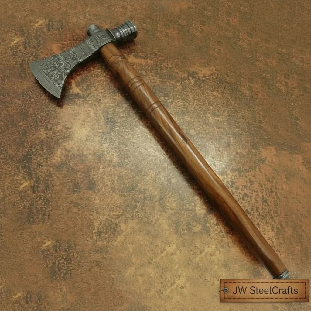     Juniperstone custom forest hatchet resting in rugged timber with decorative Damascus engraving and glowing campfire scenery.