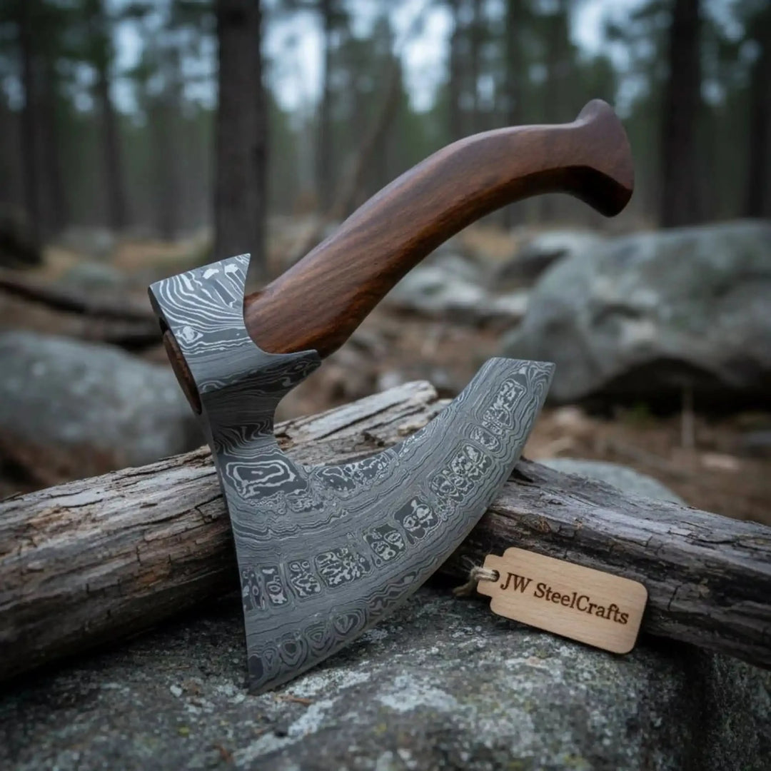     Kingsridge handcrafted Damascus bushcraft hatchet displayed on woodland logs with decorative steel patterns and curved handle.