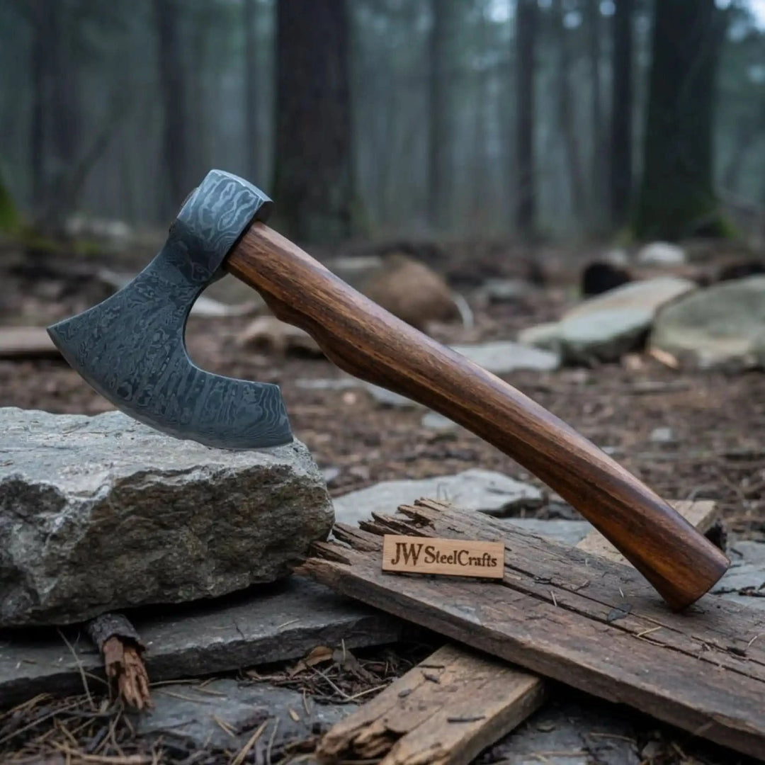     Kingshade Damascus steel Viking hatchet with intricate etched blade details and smooth hardwood handle photographed in woodland.