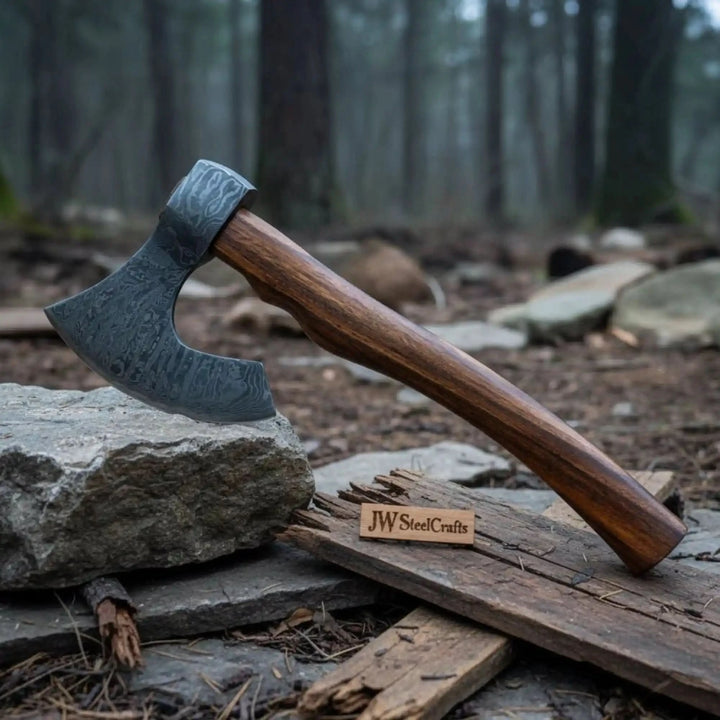     Kingshade Damascus steel Viking hatchet with intricate etched blade details and smooth hardwood handle photographed in woodland.