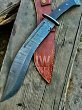 Load image into Gallery viewer, Custom Damascus hunting Bowie knife with ergonomic micarta handle, full tang blade, and leather sheath – perfect for collectors and outdoor use.