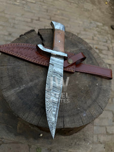 Hand-forged Damascus hunting knife with wooden handle and custom leather sheath