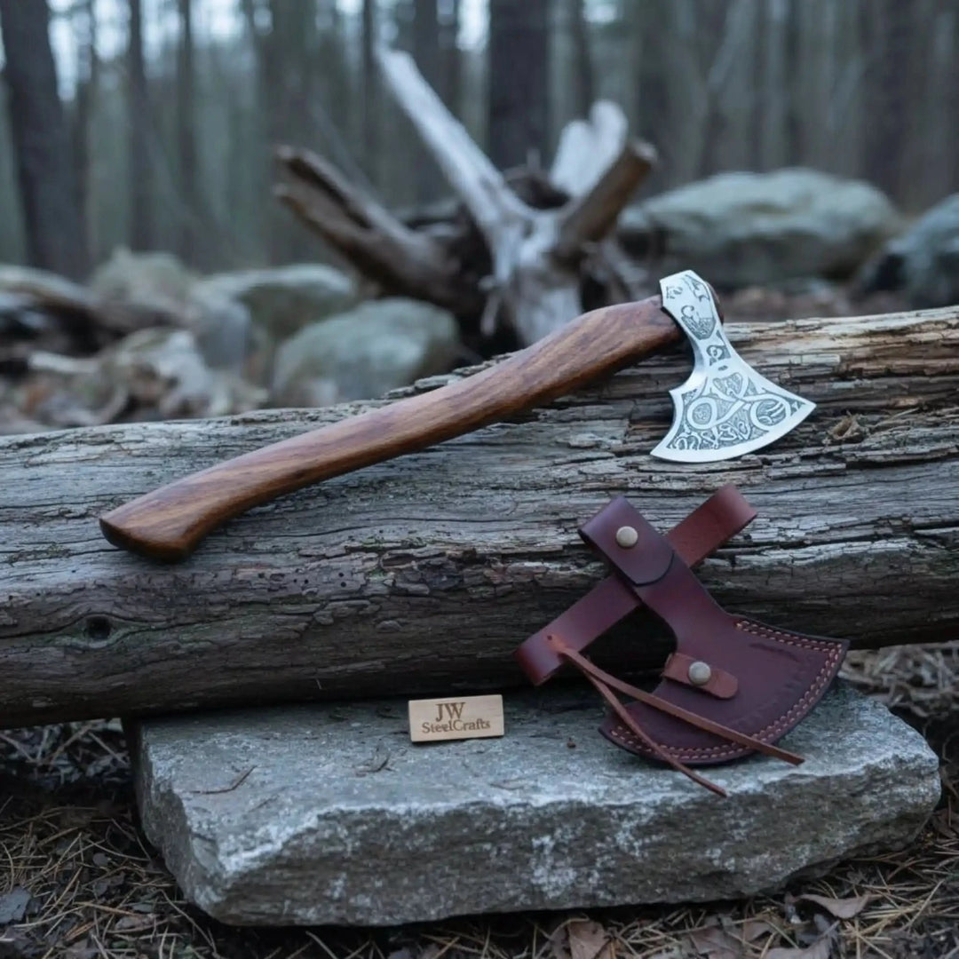     Camping axe with leather sheath and carved steel head displayed on natural woodland textures.