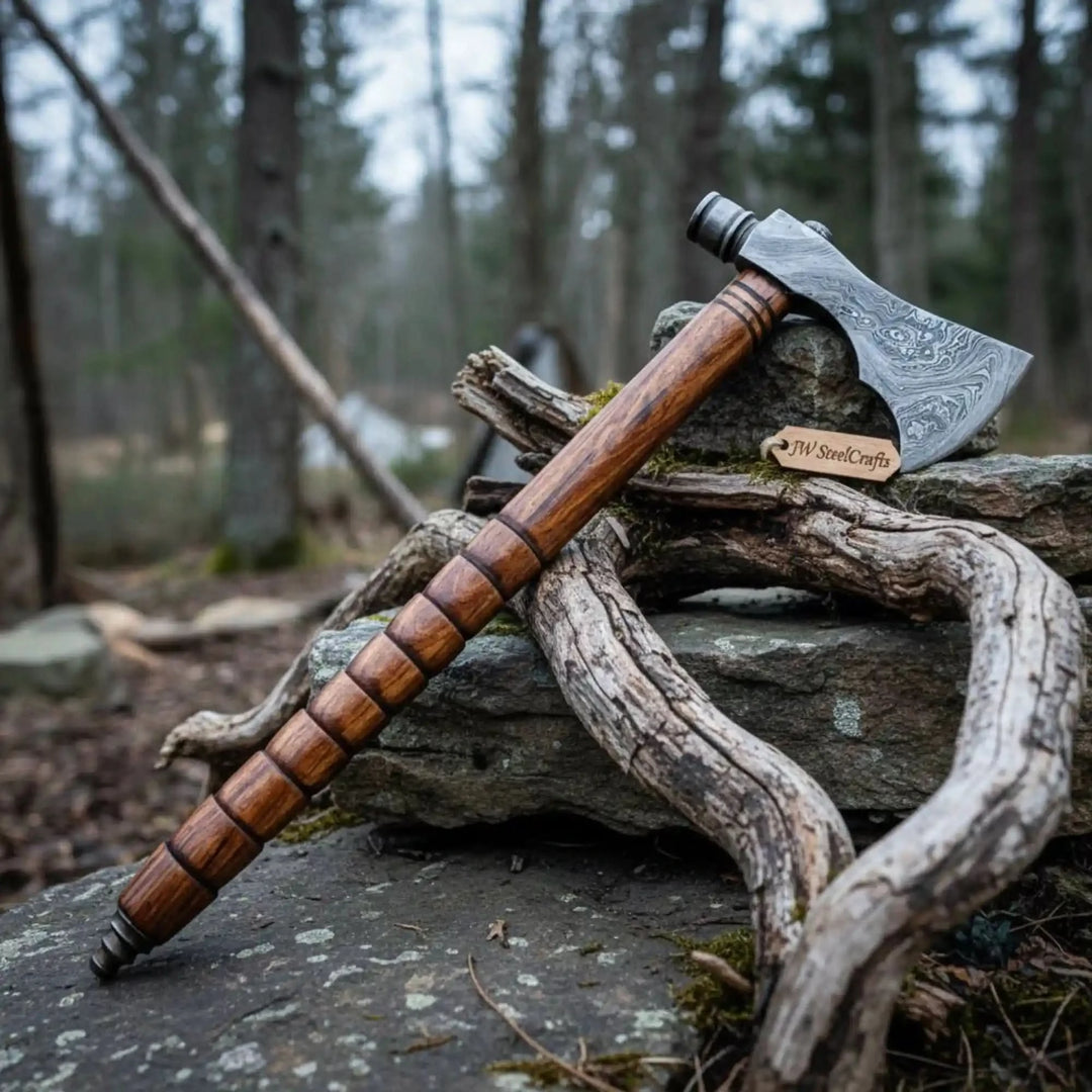     Kingshade artisan handcrafted camping axe displayed with decorative Damascus blade and rich wood grain handle.