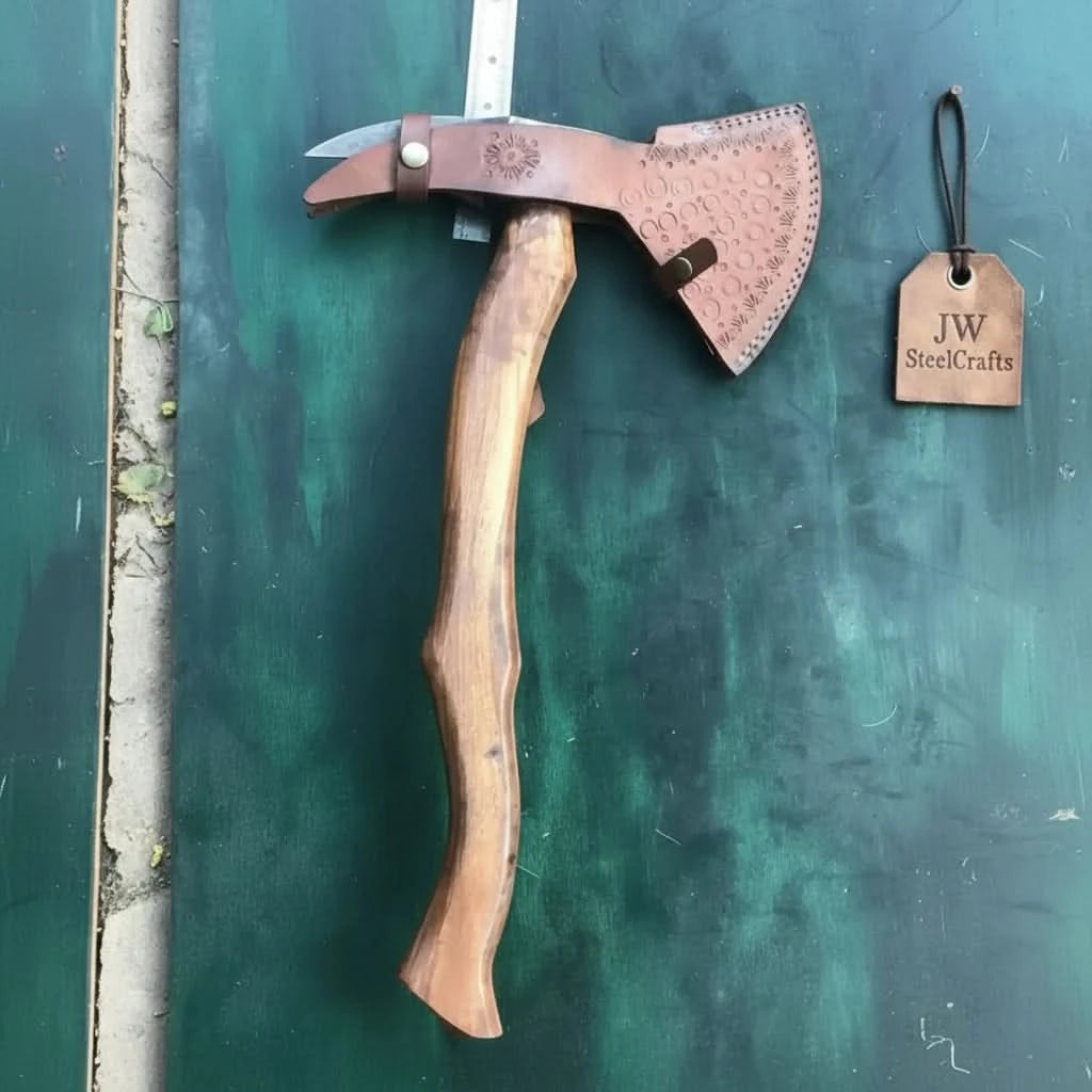     Oakshadow premium Damascus hatchet resting on weathered wood with decorative forged patterns and warm forest fire ambiance.