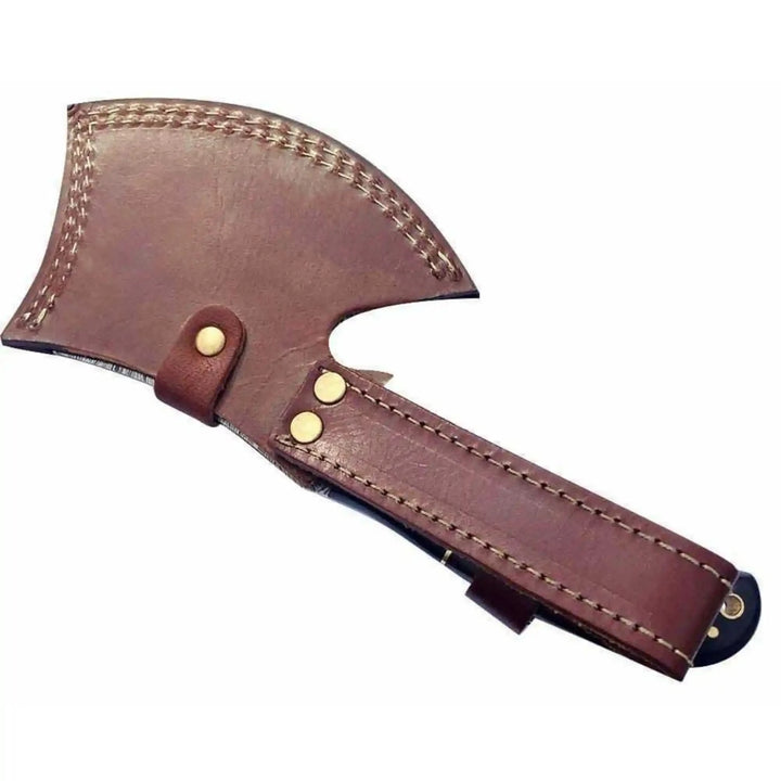     Oakmantle custom leather blade safety cover featuring secure snap loops and reinforced edges for outdoor hatchets.