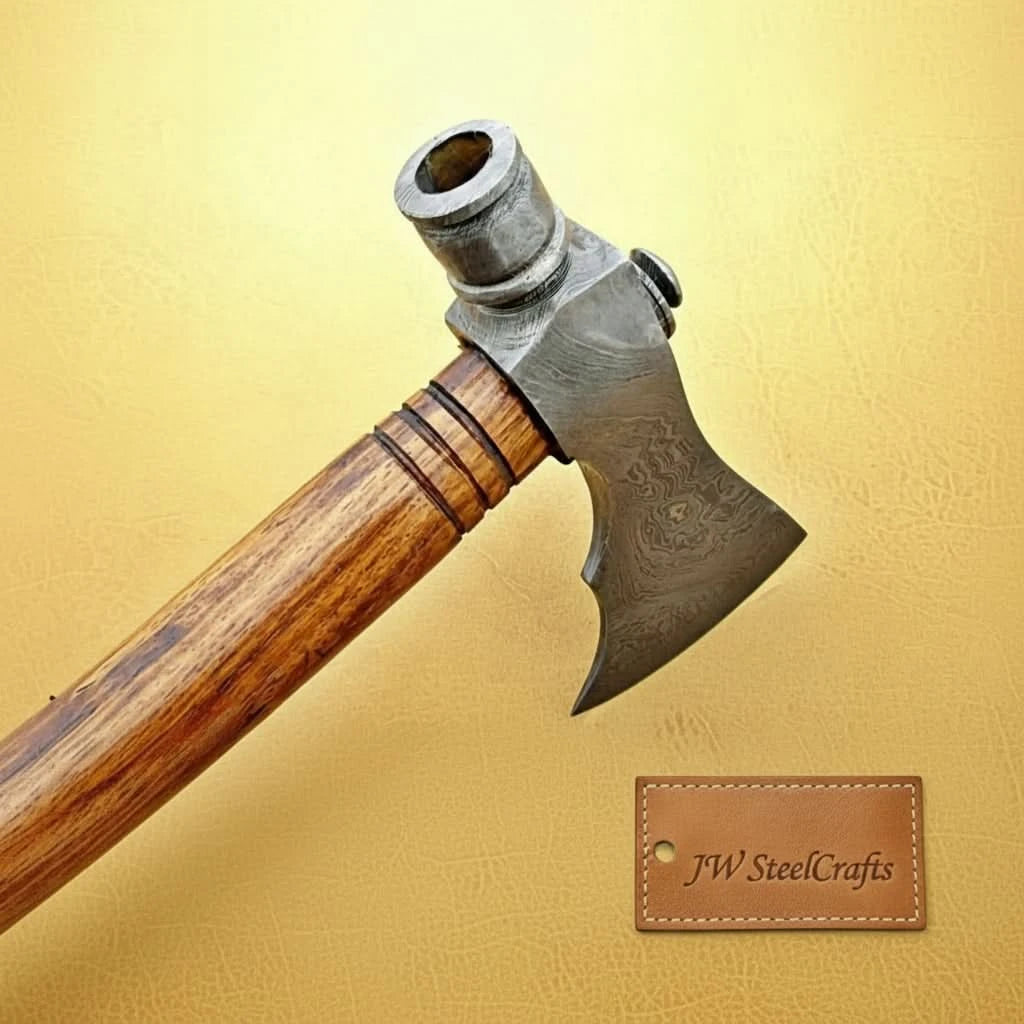     Mistforge custom forest camping axe with elegant curved blade and handcrafted striped wooden grip.