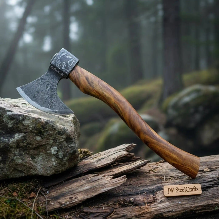     Ravenpine artisan handmade hatchet featuring forged Damascus steel and curved natural wood handle beside mossy forest rocks.