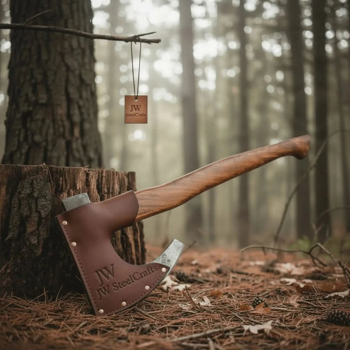     Oakshade handcrafted bushcraft hatchet featuring dark forged steel edge and artisan twisted hardwood shaft outdoors.