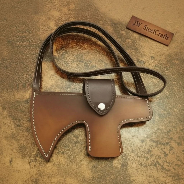     Pinecrest custom Damascus wilderness hatchet featuring compact engraved blade and elegant handcrafted wooden shaft outdoors.