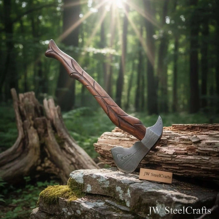     Decorative Damascus camp axe with artistic twisted grip and rustic forest background.