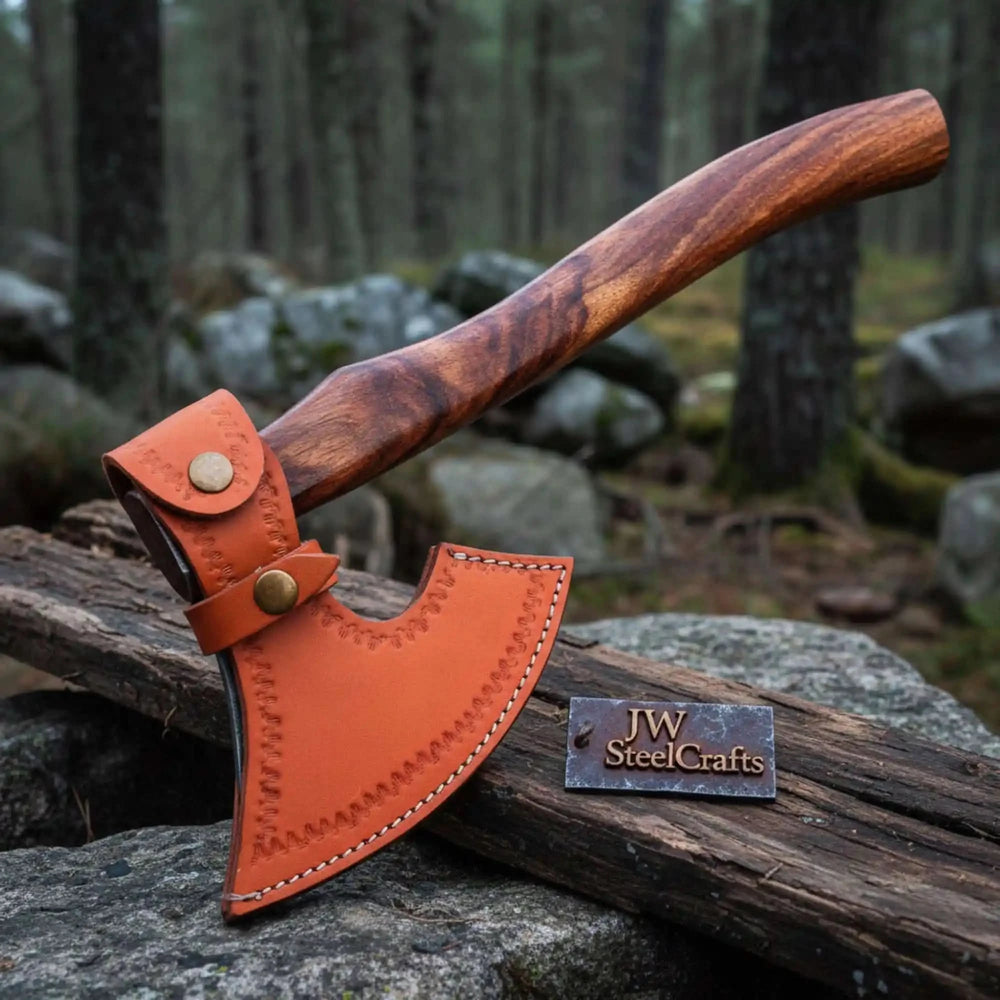     Forged Damascus axe featuring elegant hardwood handle and polished steel blade displayed naturally among mossy forest stones and timber.