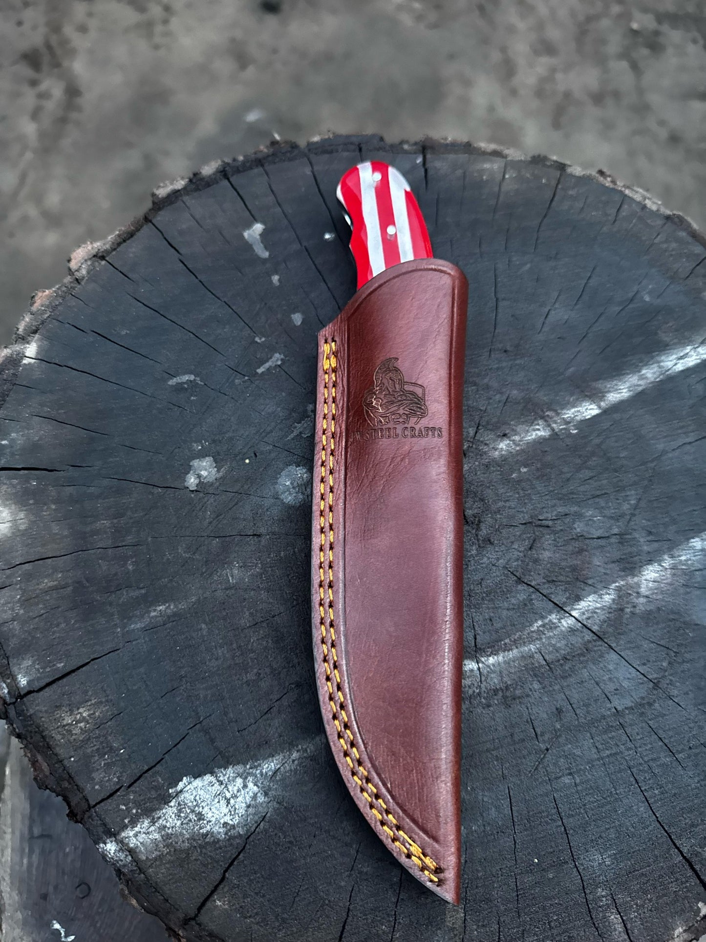 Custom Damascus Steel Skinner Knife, American Flag Hunting Knife, Groomsmen Gift, Gift for Him, Father’s Day Gift with Leather Sheath