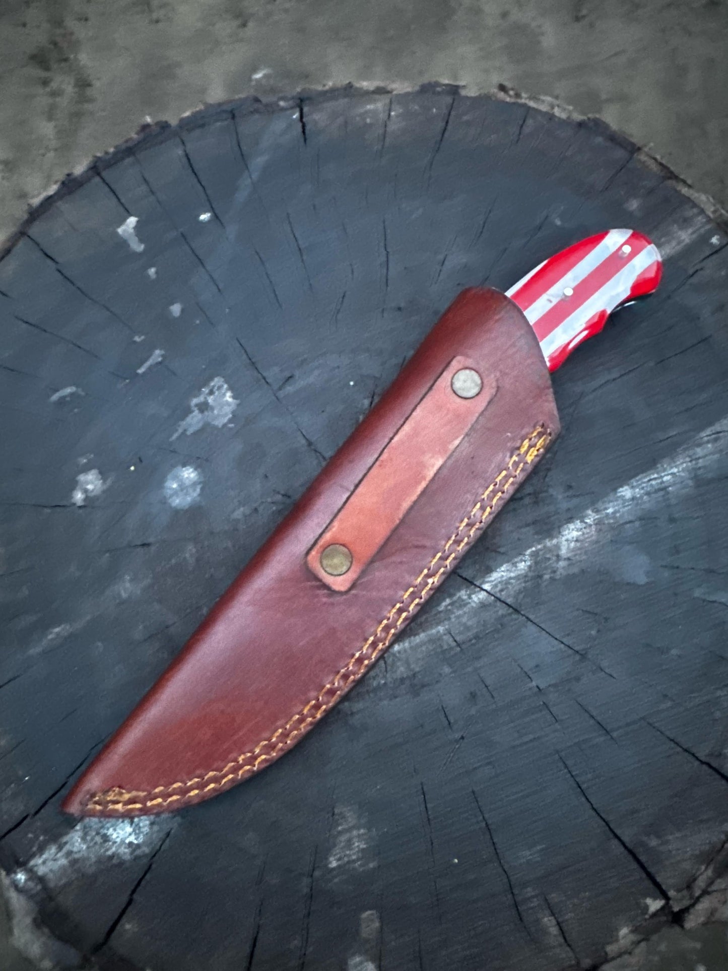 Custom Damascus Steel Skinner Knife, American Flag Hunting Knife, Groomsmen Gift, Gift for Him, Father’s Day Gift with Leather Sheath