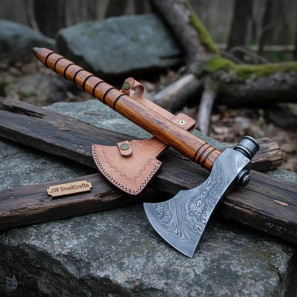     Quartzforge artisan camping blade axe with compact Damascus edge and elegant handcrafted wood handle.