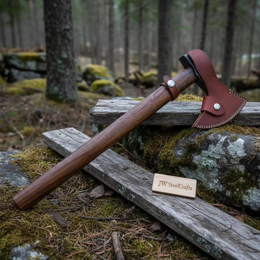     Stormvale artisan wilderness crescent axe with dark Damascus edge and handcrafted walnut handle in mist-covered woodland.