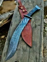 Load image into Gallery viewer, Custom Damascus hunting Bowie knife with ergonomic micarta handle, full tang blade, and leather sheath – perfect for collectors and outdoor use.