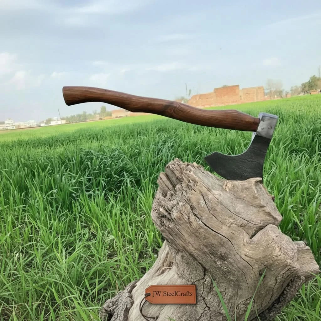     Traditional bushcraft axe with layered Damascus steel pattern and smooth wooden grip showcased on a weathered tree stump surrounded by grass.