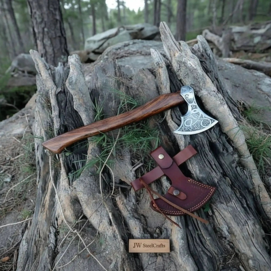     Handcrafted camp axe with curved wooden handle resting against natural tree roots outdoors.