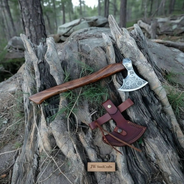     Handcrafted camp axe with curved wooden handle resting against natural tree roots outdoors.