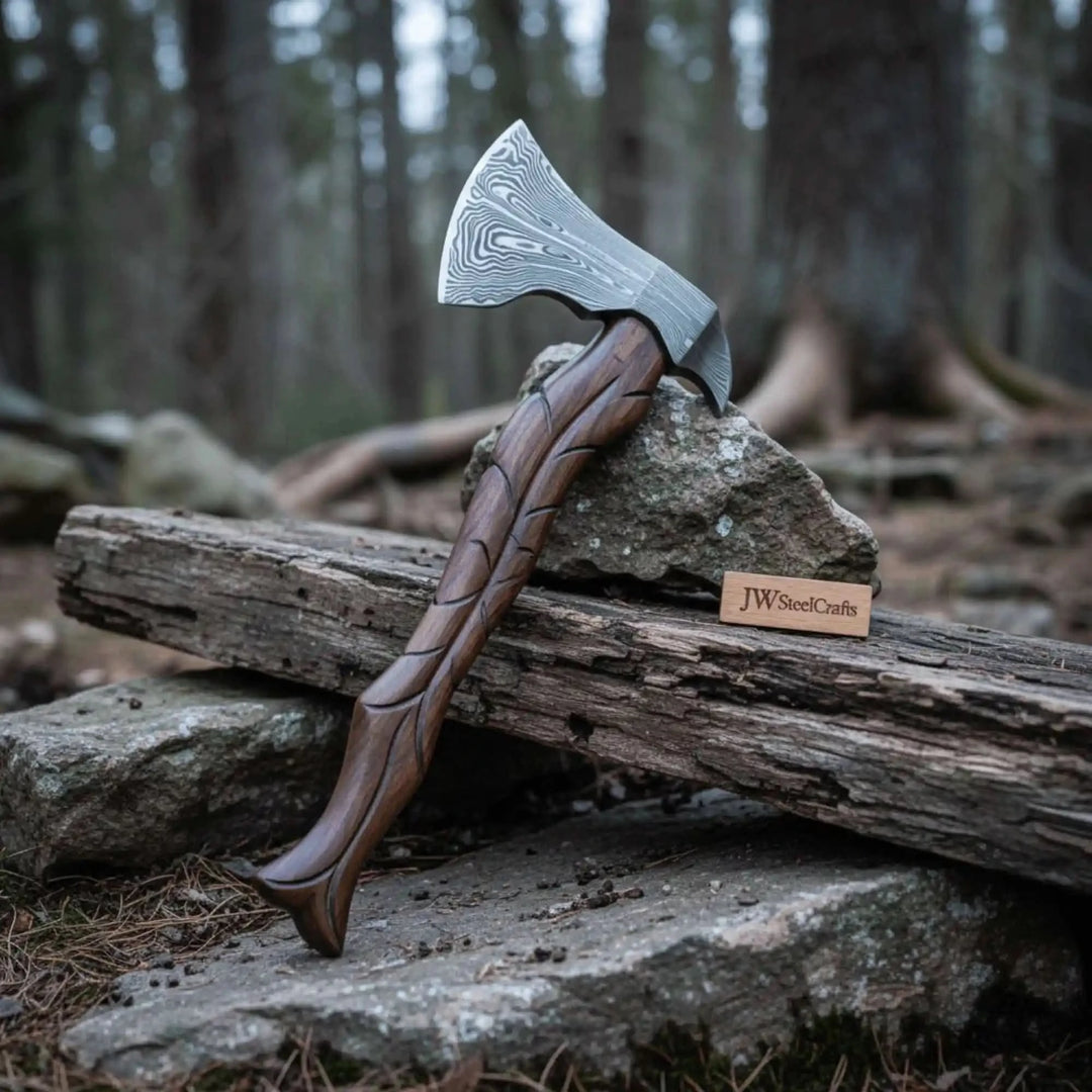     Handcrafted Damascus forest axe with spiral carved handle resting beside weathered wood logs.