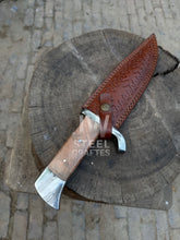 Load image into Gallery viewer, Hand-forged Damascus hunting knife with wooden handle and custom leather sheath