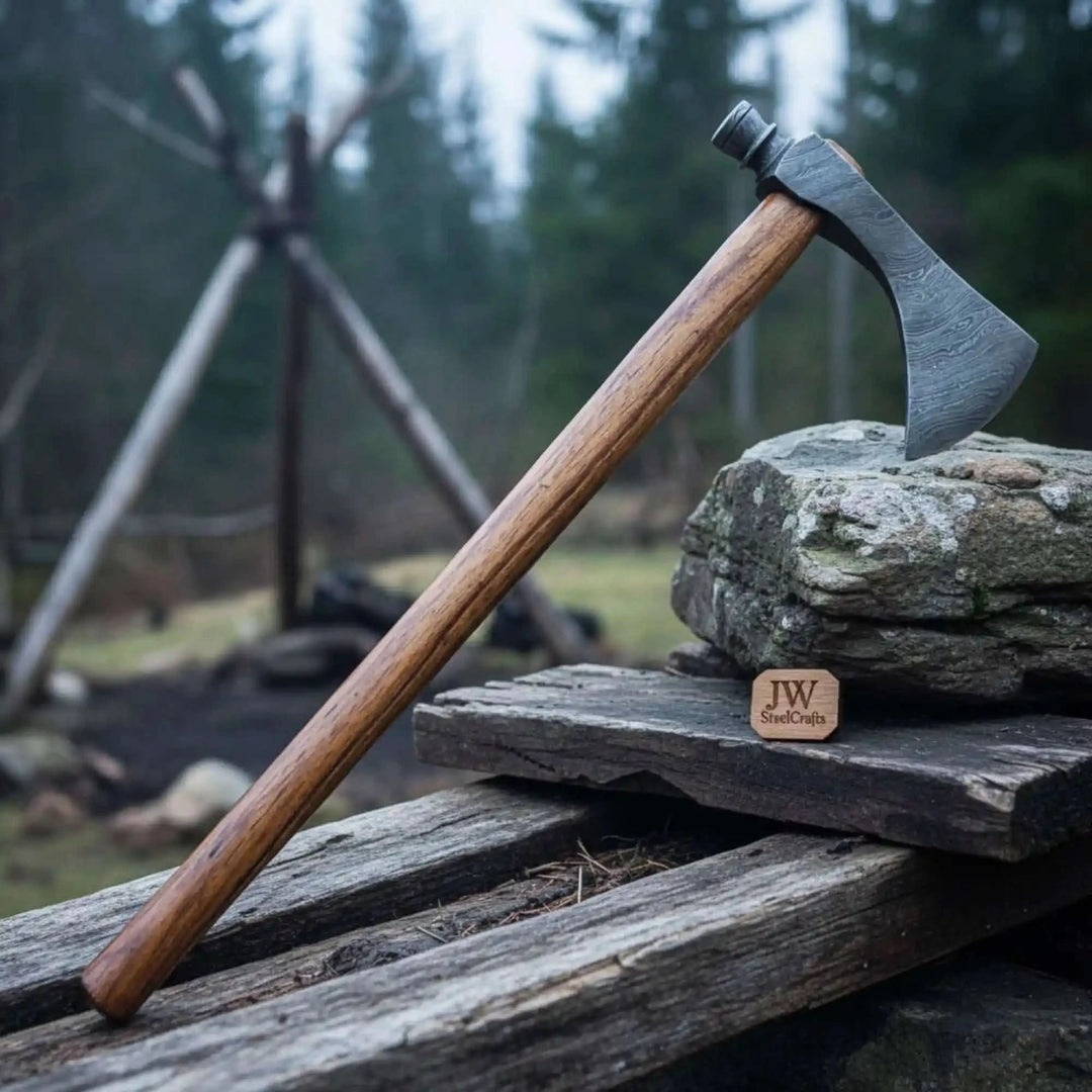     TimberForge handcrafted wilderness axe with engraved Damascus blade textures and artisan leather cover resting naturally among rustic forest timber.