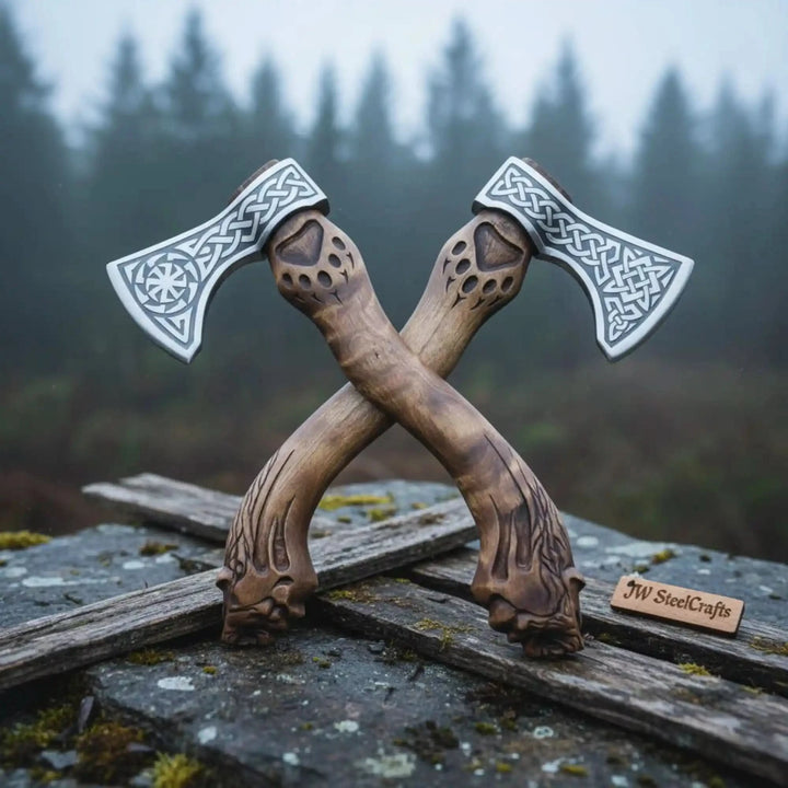     Ravencrest artisan Viking hatchets featuring engraved steel craftsmanship and fantasy-style wooden handle carving outdoors.