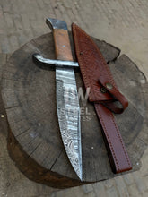 Load image into Gallery viewer, Hand-forged Damascus hunting knife with wooden handle and custom leather sheath