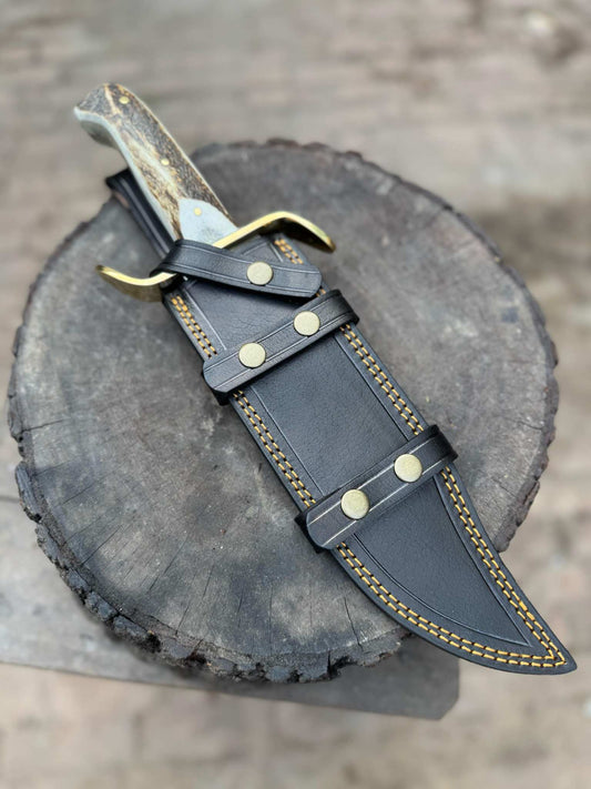 JW SteelCrafts Handmade Damascus Bowie Knife – Stag Handle with Brass Guard & Heavy - Duty Black Leather Belt Sheath handmade Bowie Knives by JW SteelCrafts